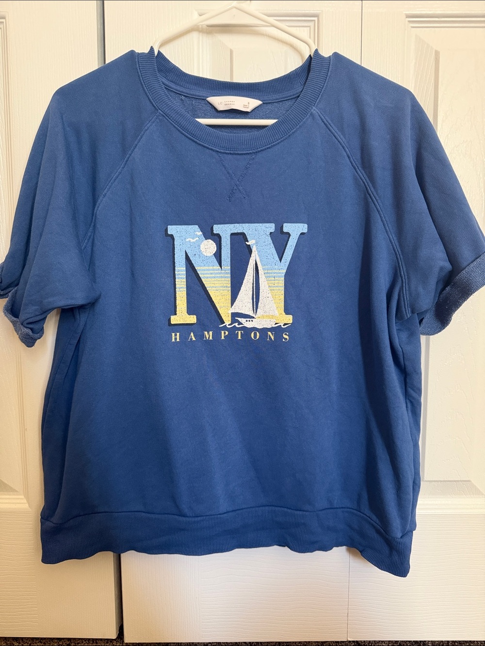 LC Lauren Conrad Blue Hamptons NY Graphic Short Sleeve Sweatshirt, Size S